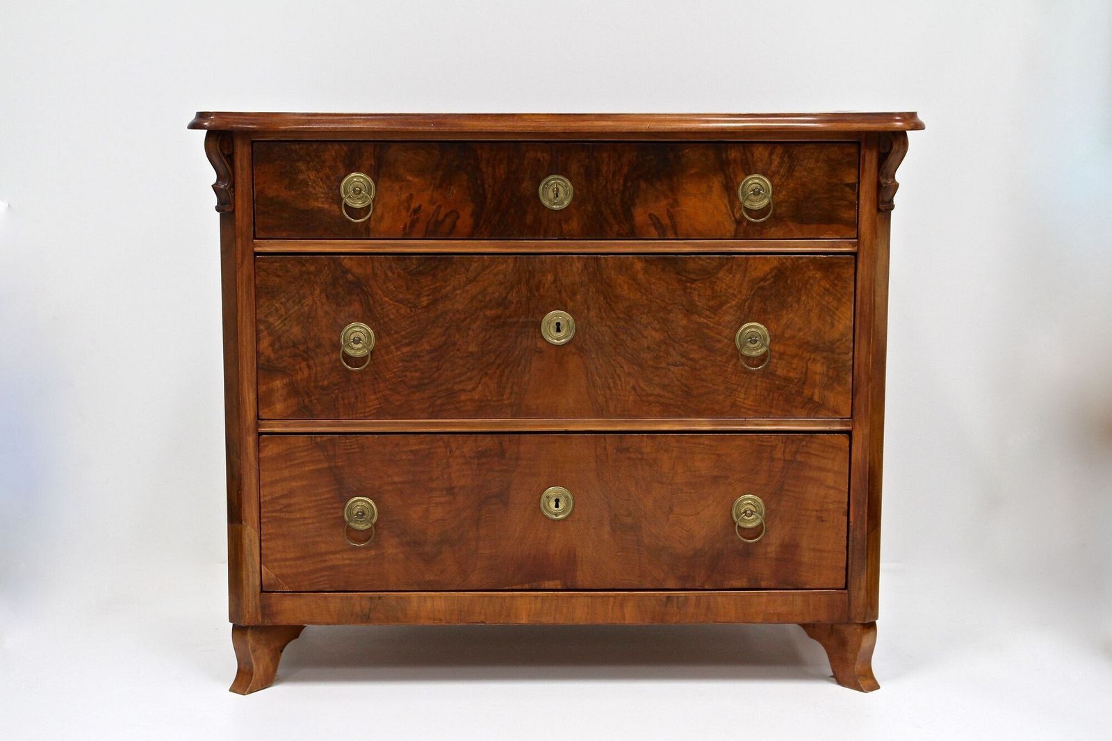 19th Century Biedermeier Chest Of Drawers With Carvings, Nutwood   At Ca. 1860 photo for sale