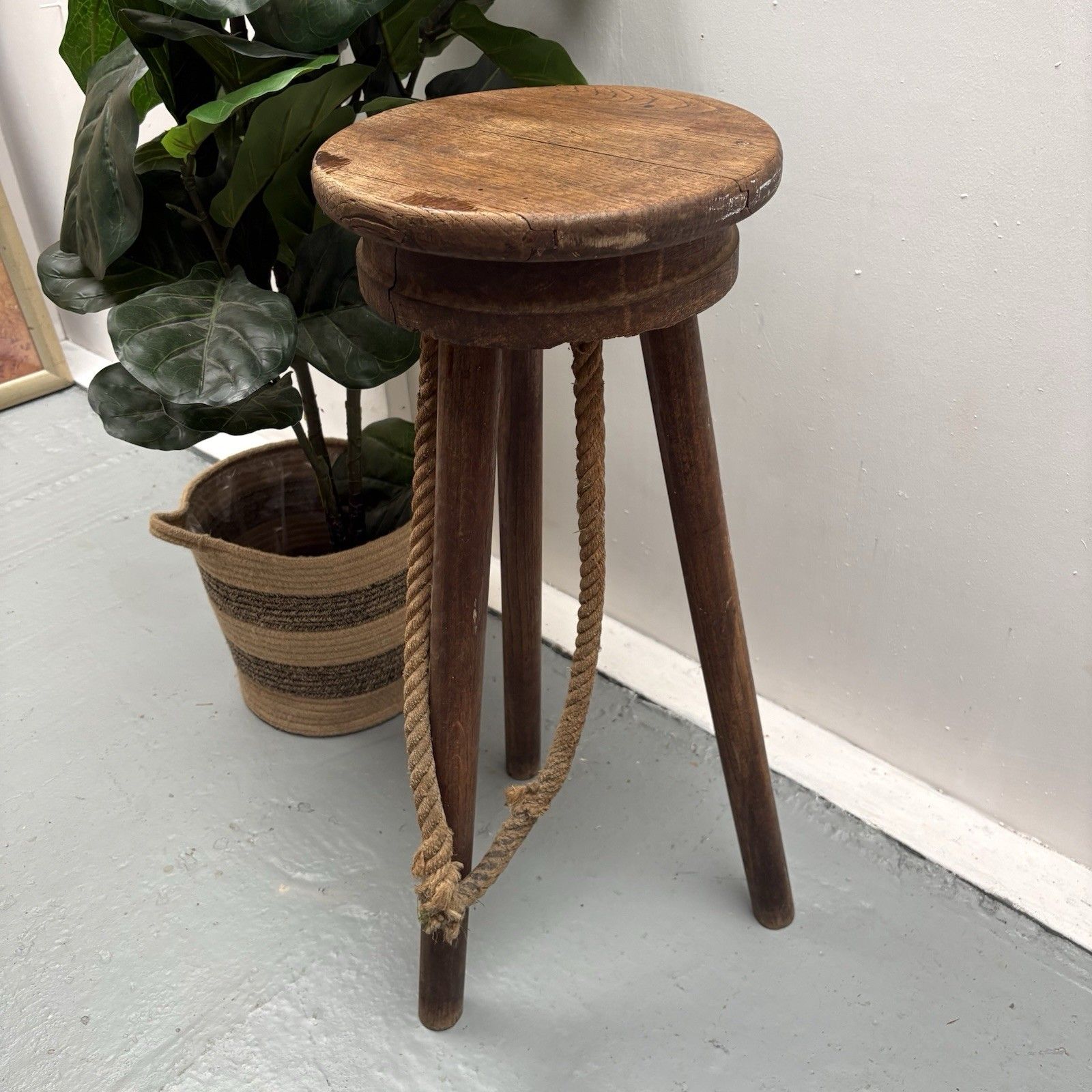 Vintage French Oak Tripod Bar Stool Nautical Theme Rope Footrest