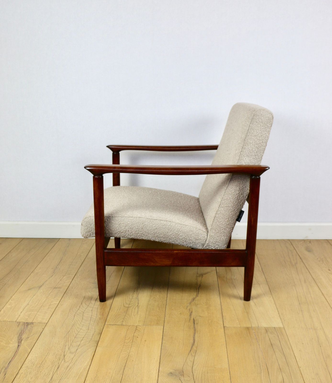 Gfm 142 Armchair, Designed By Edmund Homa From The 1970s Beige Boucle Dark Wood   2 Pieces Available. photo for sale