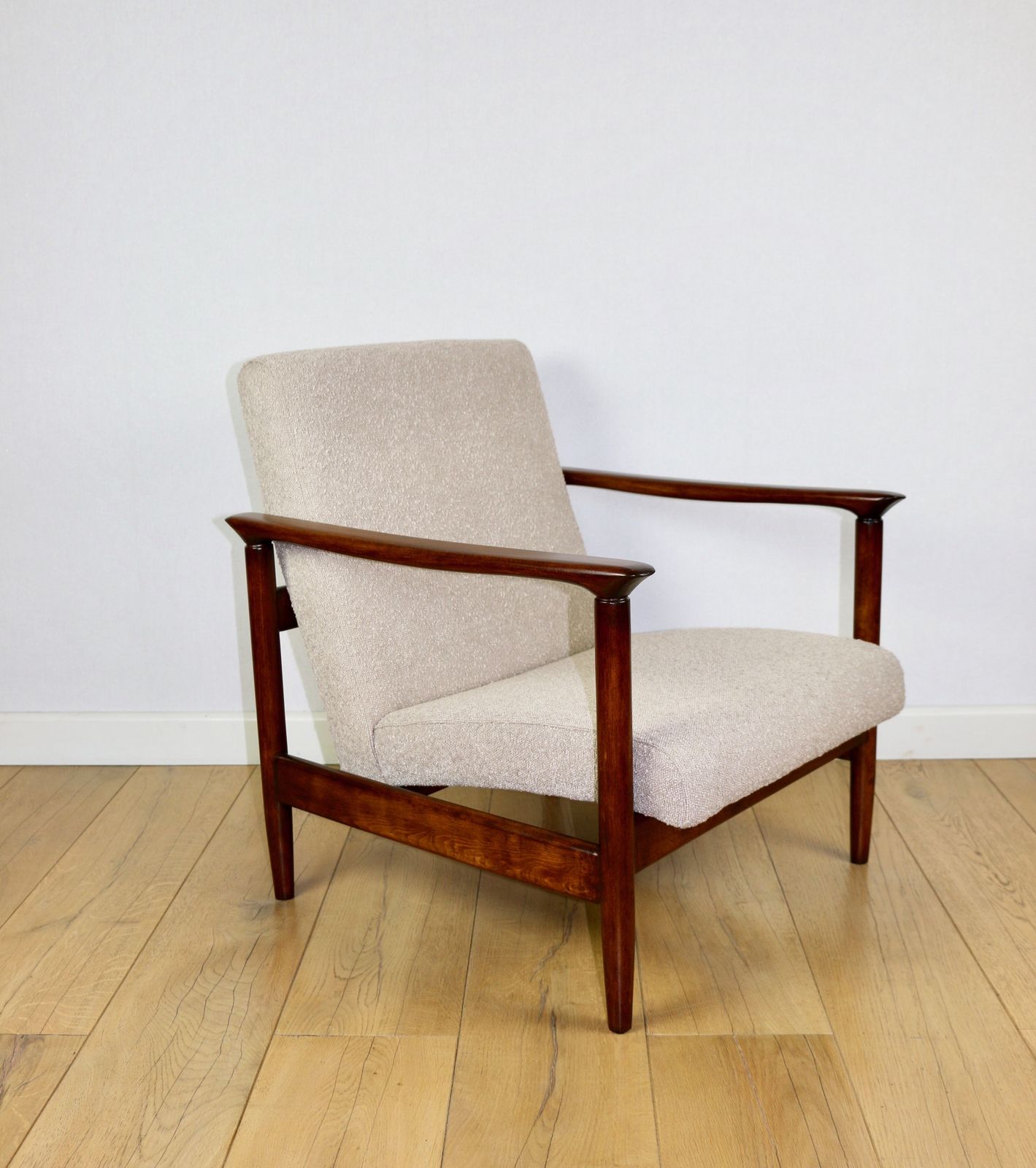 photo for sale Gfm 142 Armchair, Designed By Edmund Homa From The 1970s Beige Boucle Dark Wood   2 Pieces Available.