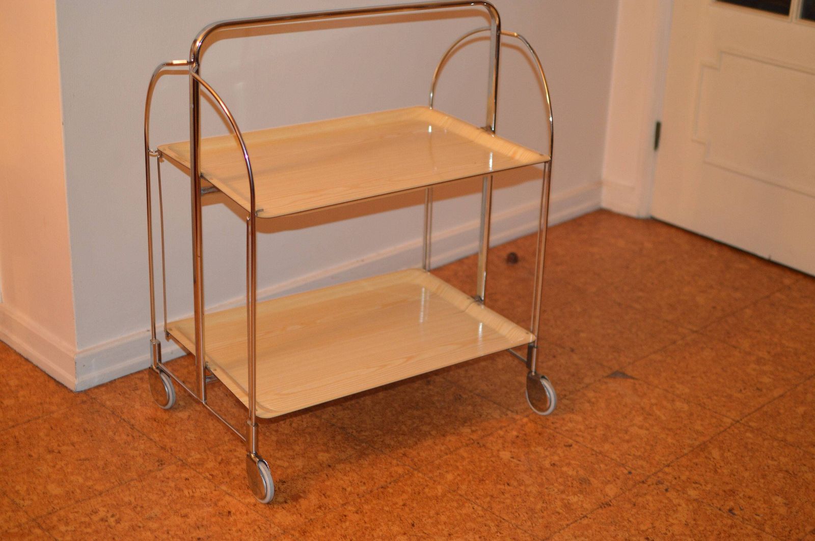 Mid Century Modern Folding Serving Trolley Dinett Foldable Chromed Metal Trolley, Vintage Bar Cart, Made In Germany, Retro Bar photo furniture
