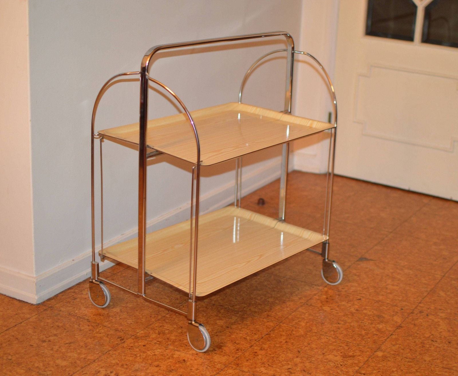 Mid Century Modern Folding Serving Trolley Dinett Foldable Chromed Metal Trolley, Vintage Bar Cart, Made In Germany, Retro Bar photo for sale