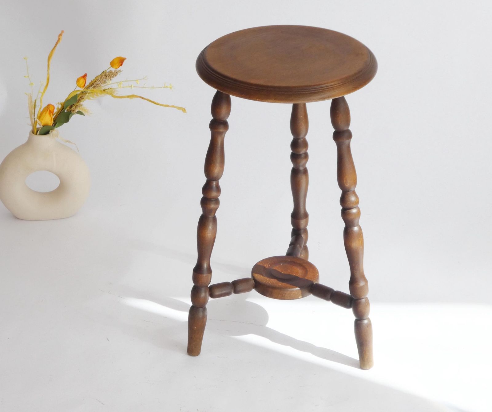 Antique English Bobbin Wooden Stool, Wooden Round Carved Side Table, Farmhouse Decor, Plant Stand