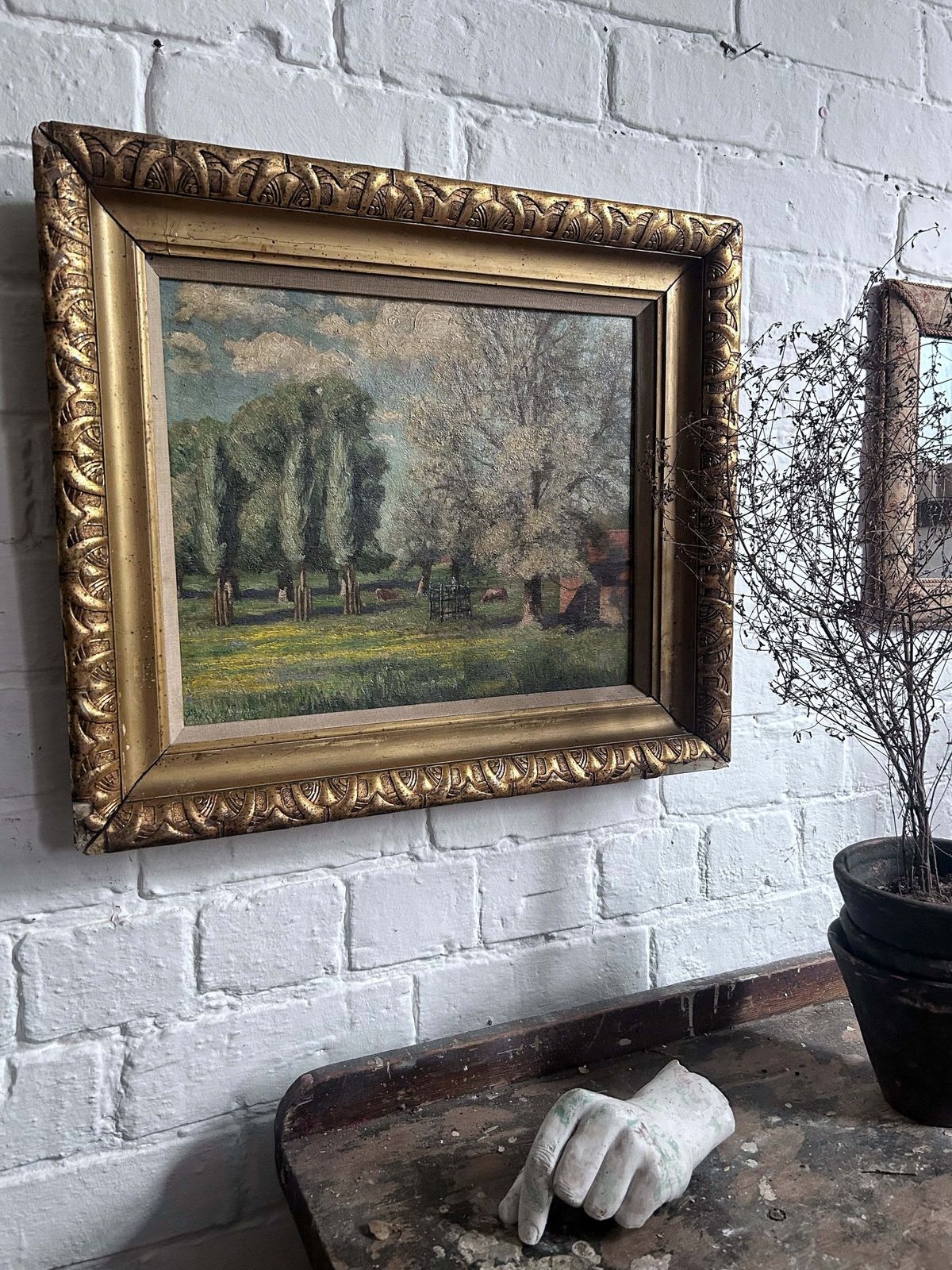 Early 20th Century Antique Oil Painting Landscape Farm Scene On Board In Original Gilt Frame photo furniture