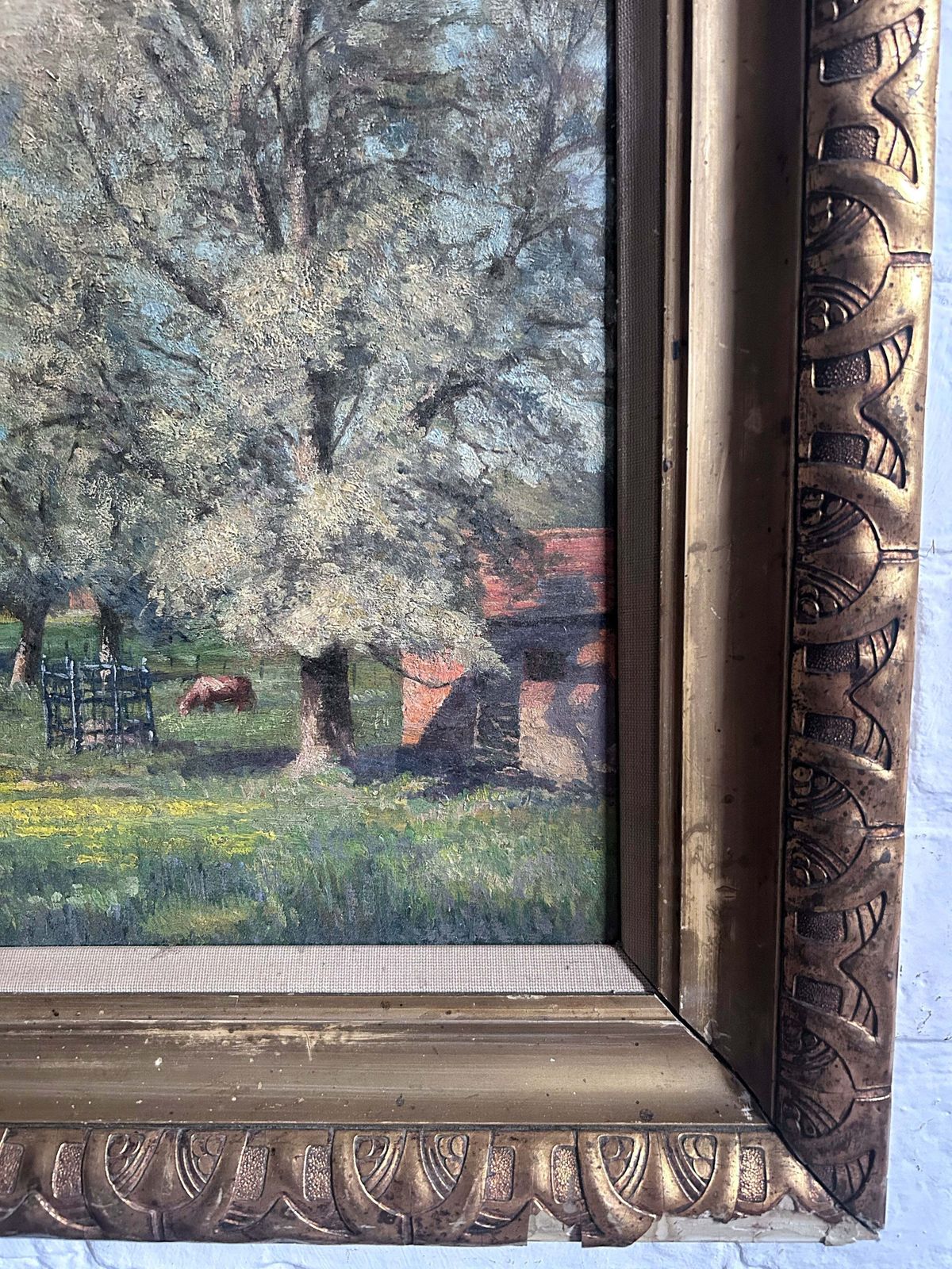 Early 20th Century Antique Oil Painting Landscape Farm Scene On Board In Original Gilt Frame photo for sale