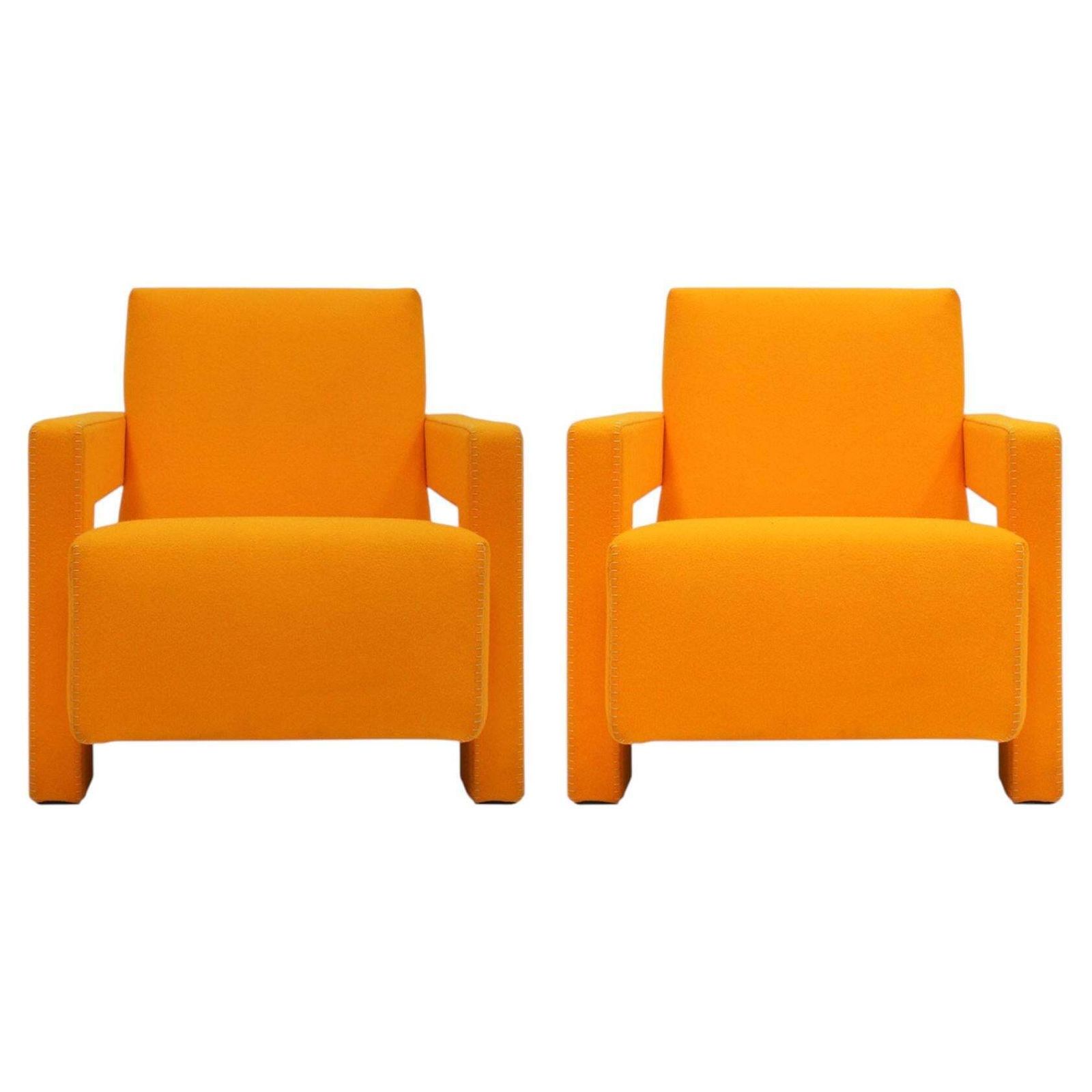 20th Century Thomas Rietveld Orange Wool Fabric Pair Of Utrecht Armchairs 1935