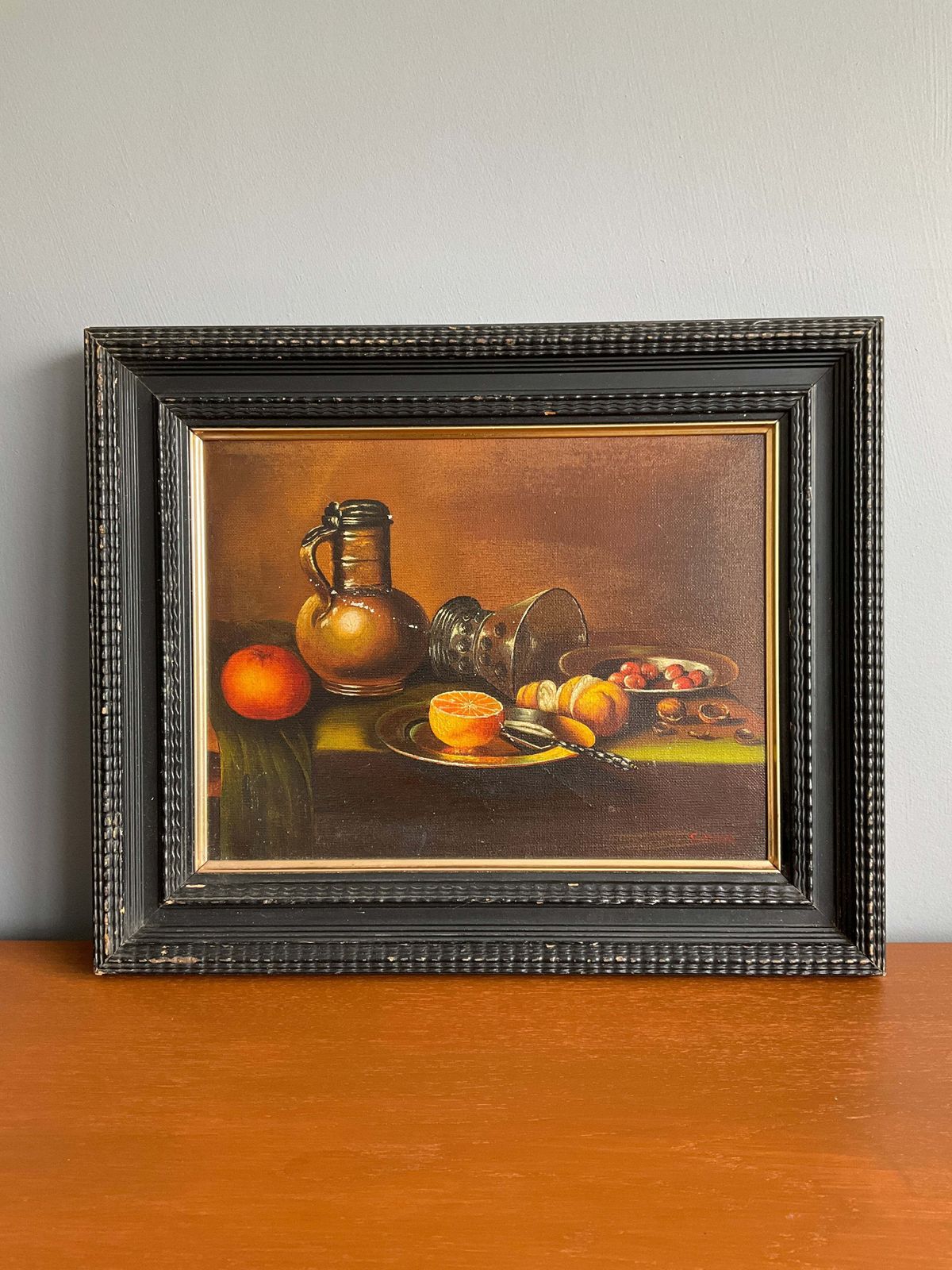 Vintage Still Life Oil Painting On Canvas – Fruit & Jug Composition – Black Wooden Frame – 46cm X 37cm