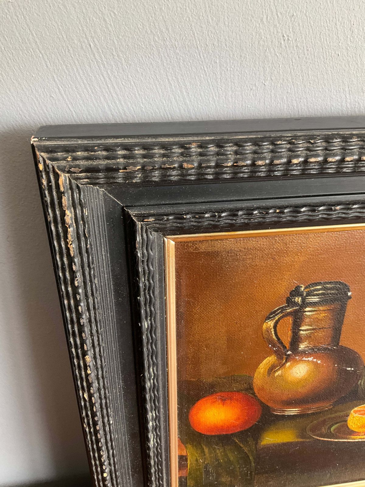 Vintage Still Life Oil Painting On Canvas – Fruit & Jug Composition – Black Wooden Frame – 46cm X 37cm photo for sale