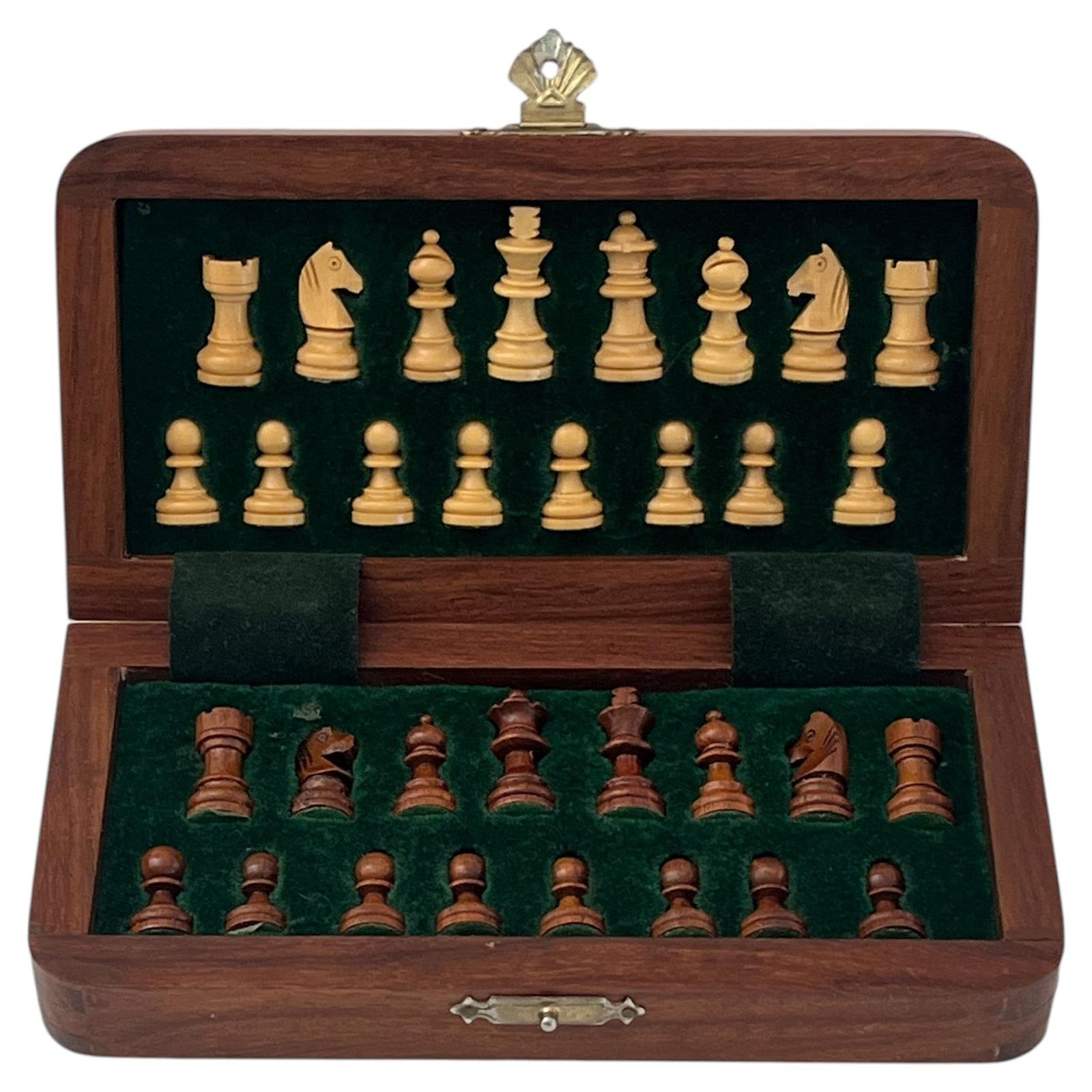 1950s Handmade Miniature Chess Set With Walnut Inlaid Box With Magnetic Pieces