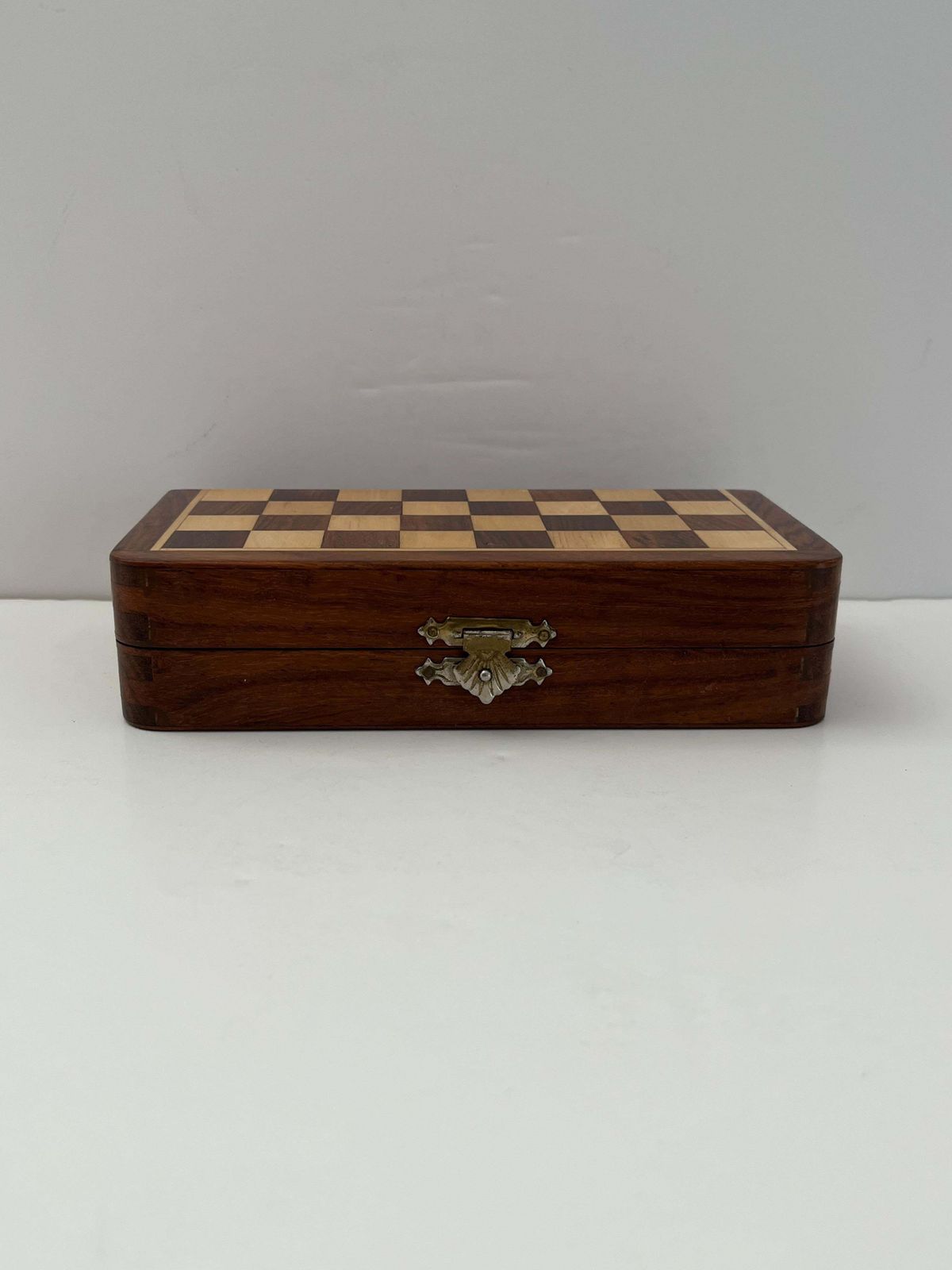 1950s Handmade Miniature Chess Set With Walnut Inlaid Box With Magnetic Pieces photo vintage