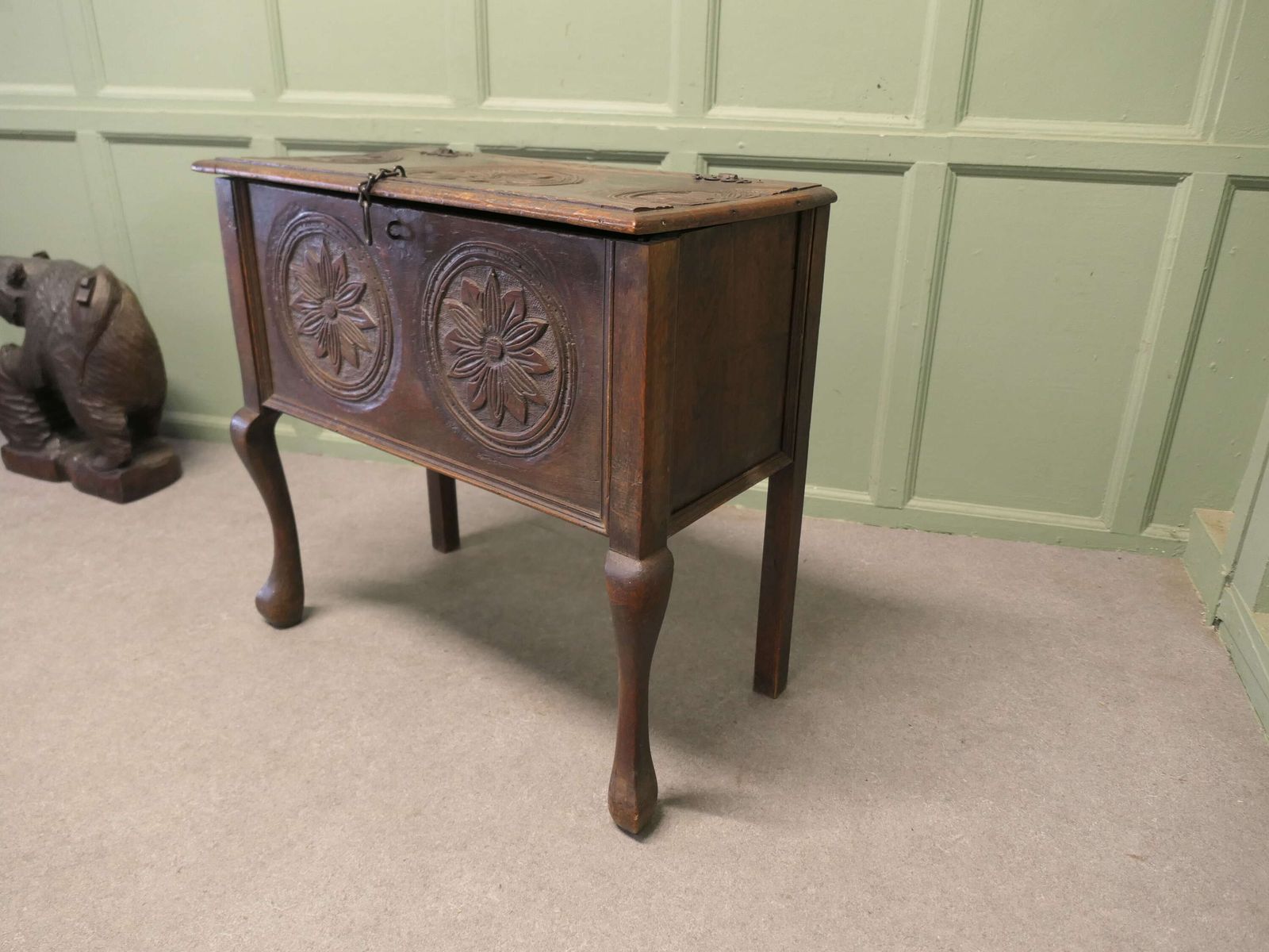 An Unusual 17th Century Carved Oak Coffer On Legs photo 1320.0