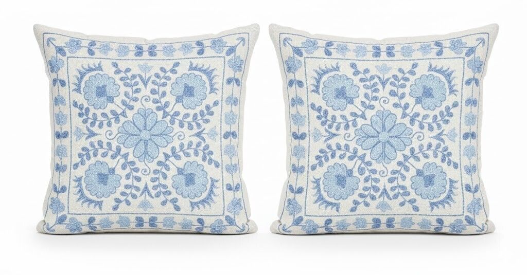 19"X20" Set Of 2 Silk Embroidery Cushion Cover. Pair Lace Pillow In Blue Color