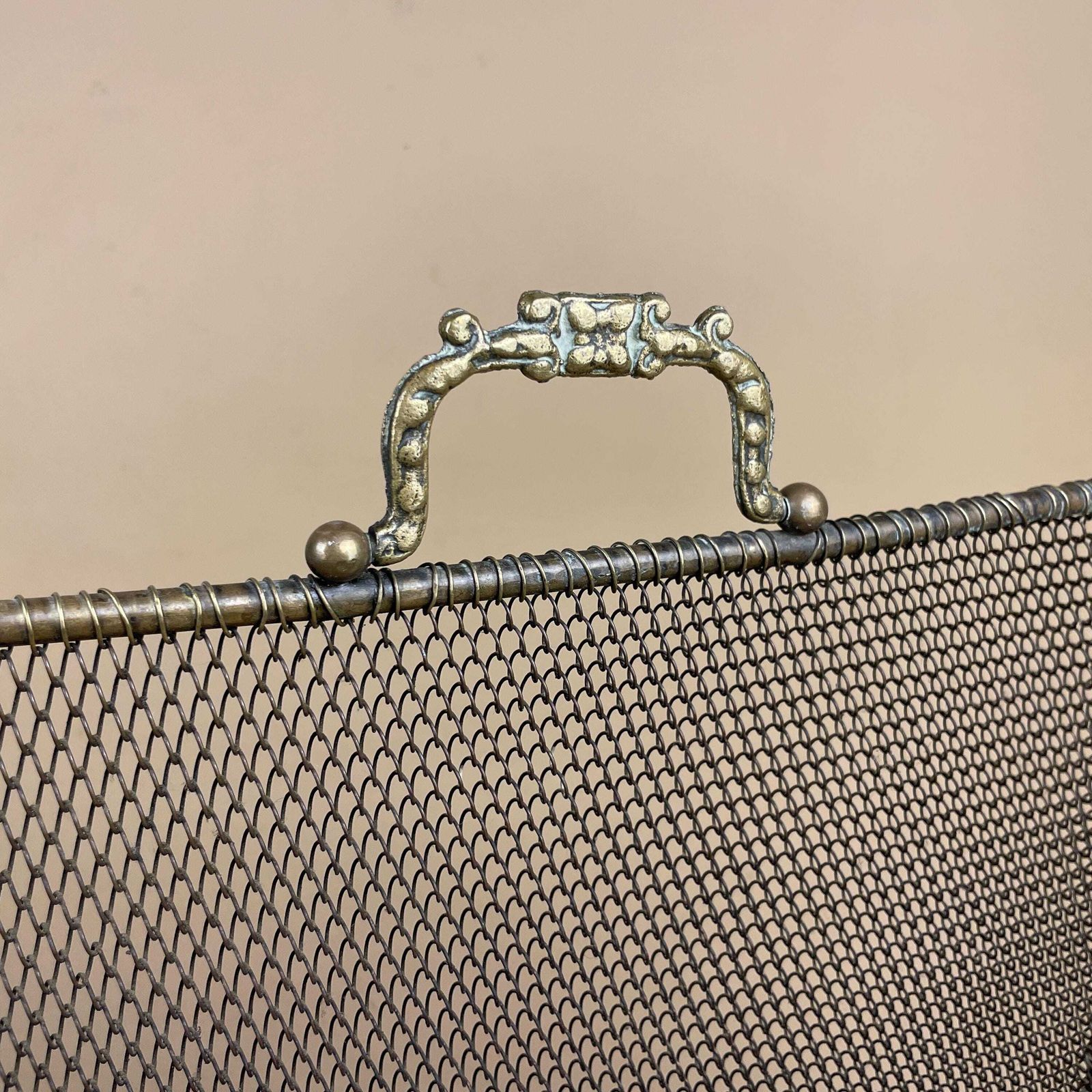 Antique Fireguard Fireplace Screen Gold Brass Metal Frame Vintage Fire Guard Fold Down Victorian Ornate Freestanding Pattern Mesh Rectangle photo furniture