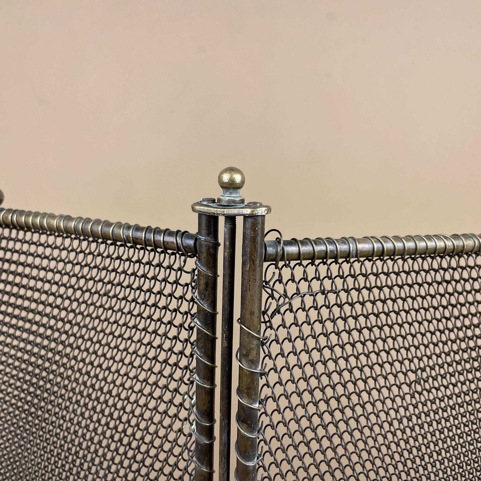 Antique Fireguard Fireplace Screen Gold Brass Metal Frame Vintage Fire Guard Fold Down Victorian Ornate Freestanding Pattern Mesh Rectangle photo for sale