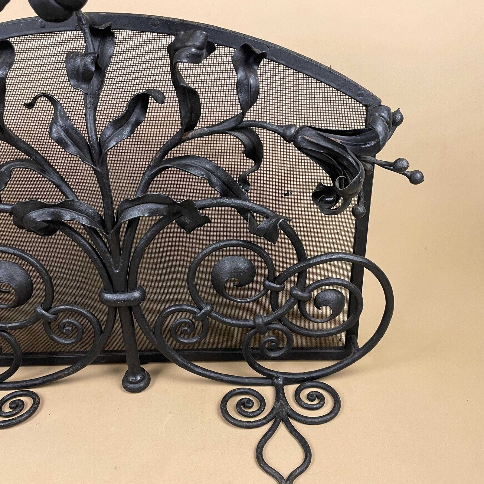 Art Deco French Fireguard Fireplace Screen Metal Cast Iron Black Fer Forge Fire Guard Floral Freestanding Patterned Rectangle Mesh Wrought photo 445.0