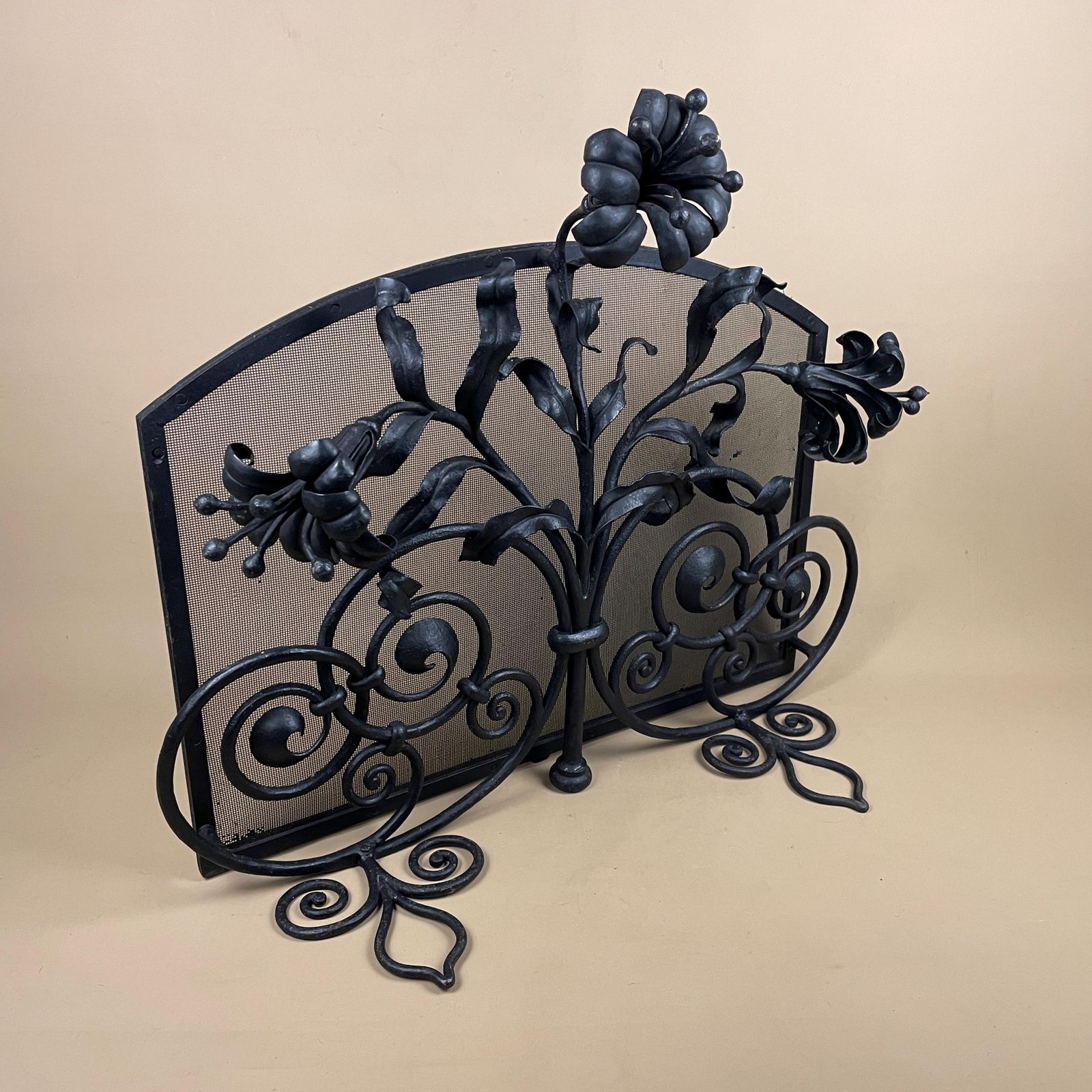 Art Deco French Fireguard Fireplace Screen Metal Cast Iron Black Fer Forge Fire Guard Floral Freestanding Patterned Rectangle Mesh Wrought photo buy
