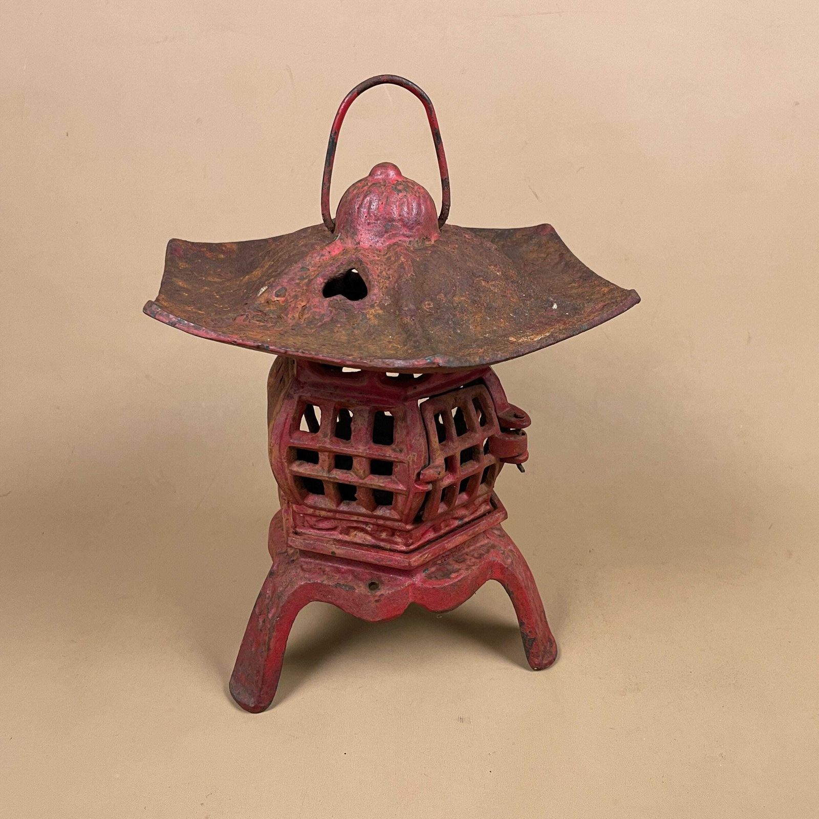 Japanese Pagoda Lantern Oriental Lamp Cast Metal Asian Garden Light Red Indoor Outdoor Lighting Home Accent Candle Tealight Holder Antique