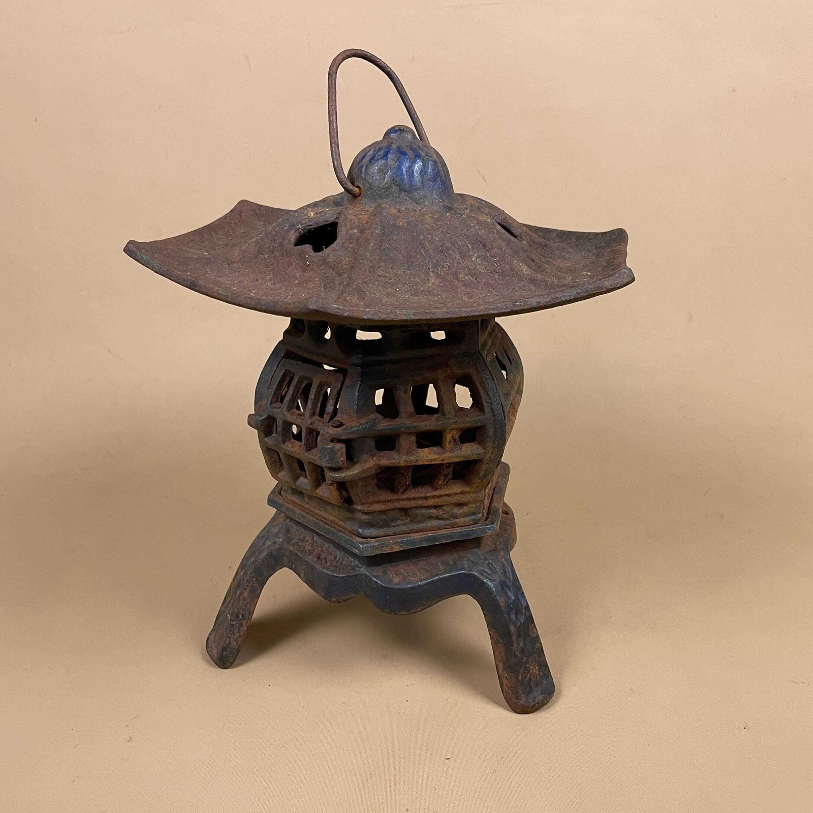 Japanese Pagoda Lantern Oriental Lamp Cast Metal Asian Garden Light Blue Indoor Outdoor Lighting Home Accent Candle Tealight Holder Antique photo for sale