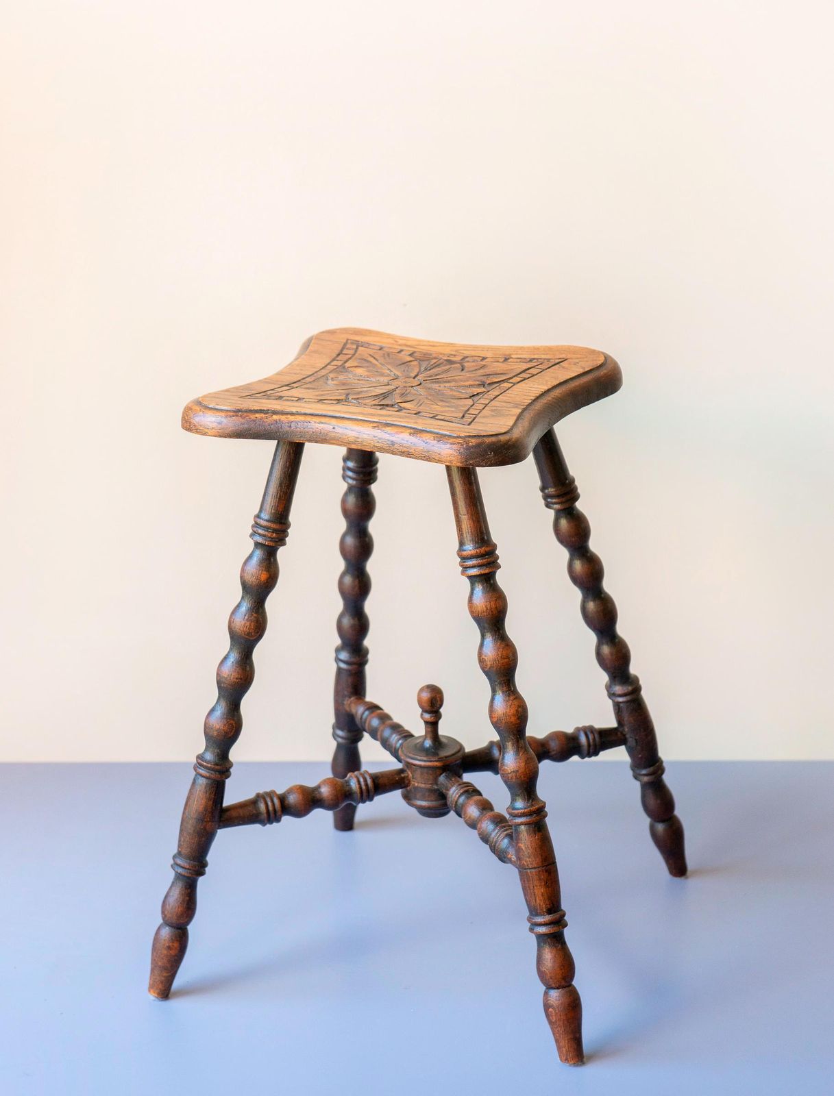 Antique Oak Bobbin Leg Stool   19th Century Hand Carved Seat   Victorian Turned Legs Plant Stand photo vintage