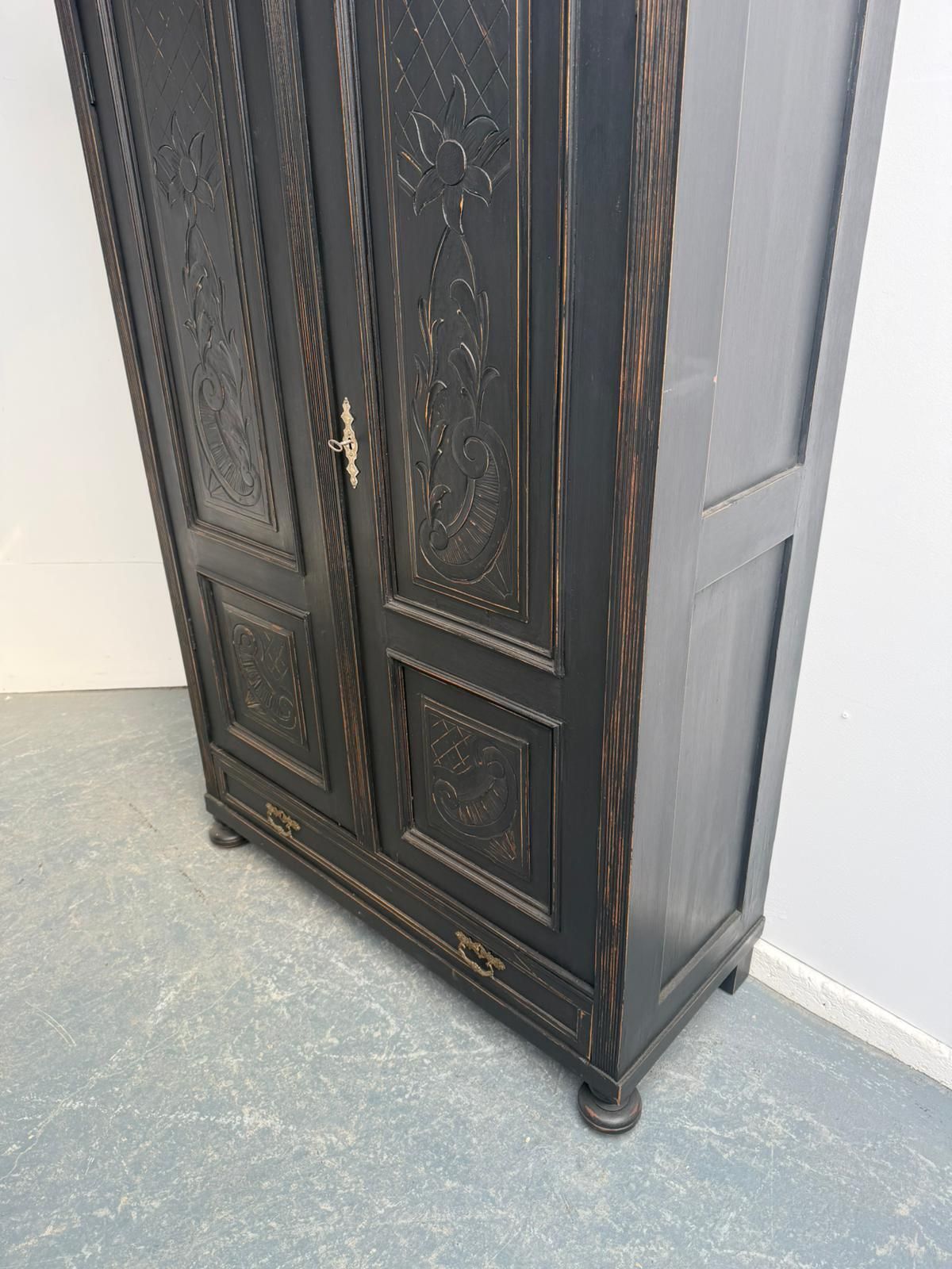 A Stylish Original Hungarian Antique Pine & Oak Painted Black Hall Wardrobe photo furniture