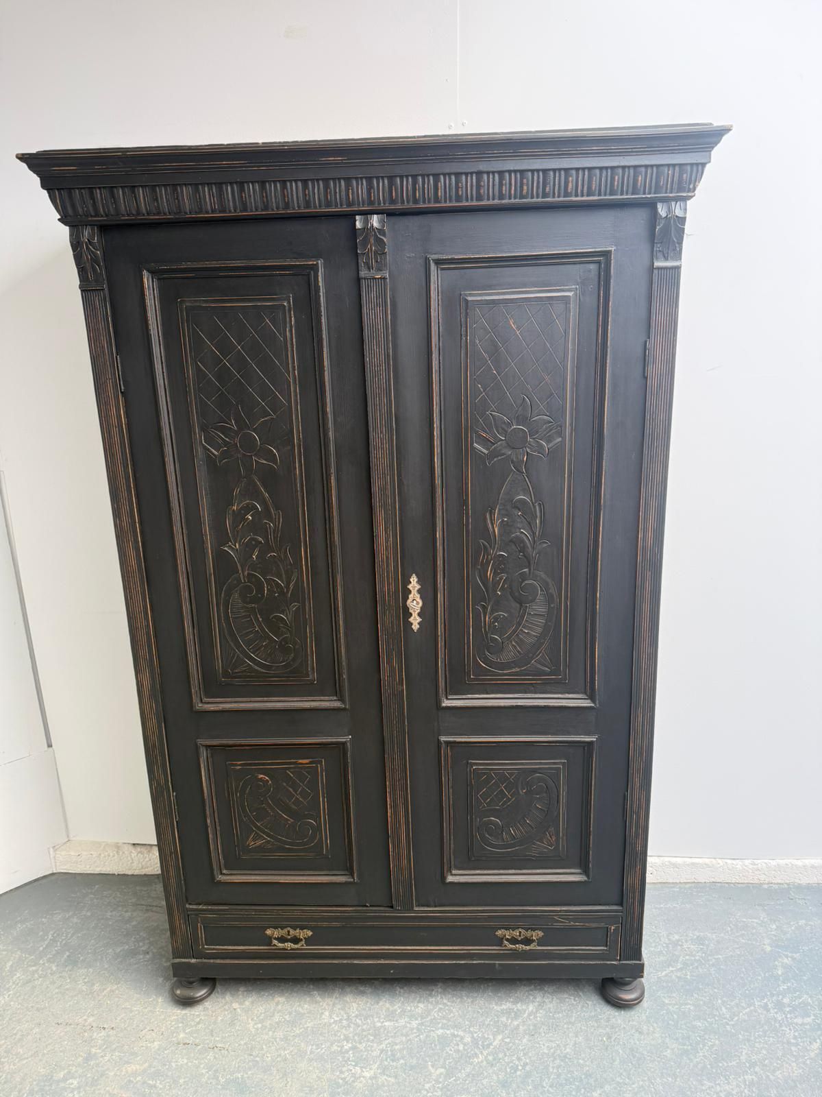 A Stylish Original Hungarian Antique Pine & Oak Painted Black Hall Wardrobe photo for sale