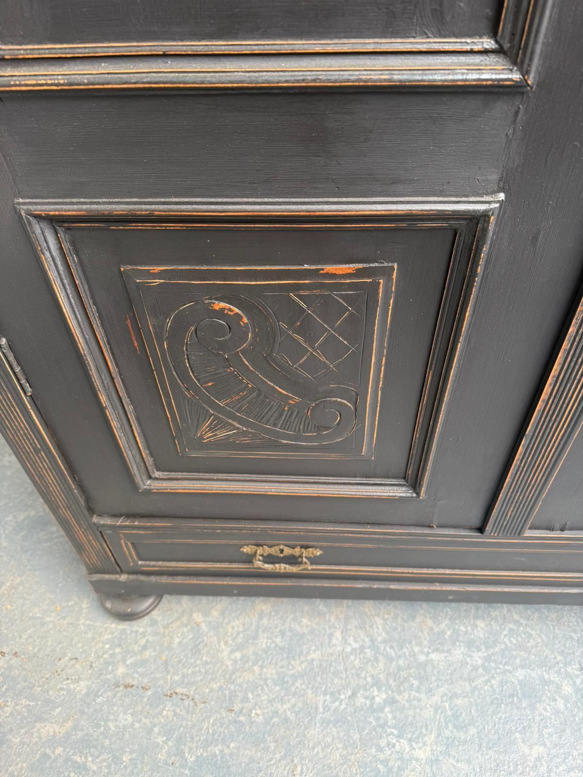 A Stylish Original Hungarian Antique Pine & Oak Painted Black Hall Wardrobe photo vintage