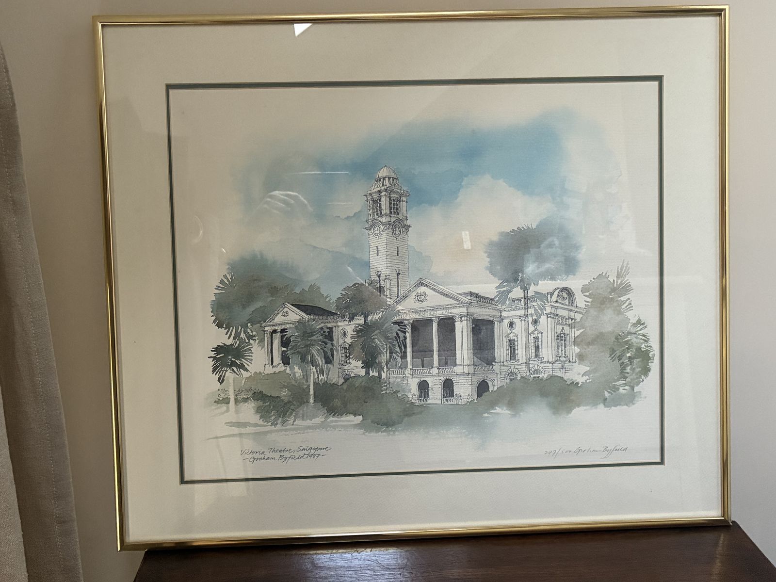Signed Graham Byfield Architectural Lithograph, Victoria Theatre, Singapore photo for sale