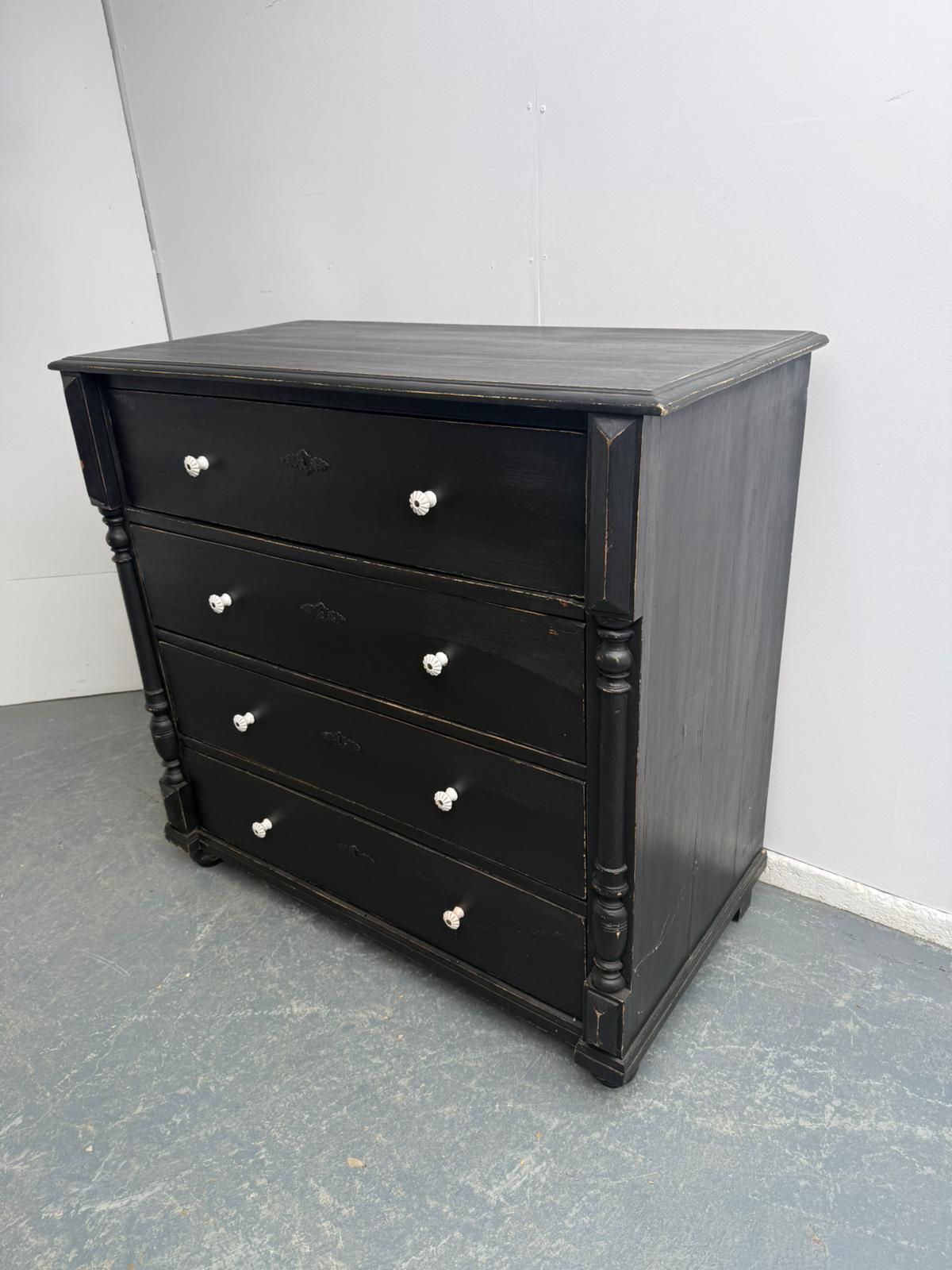 A Mint Clean Painted Black Original Hungarian 4 Drawer Victorian Chest Of Drawers