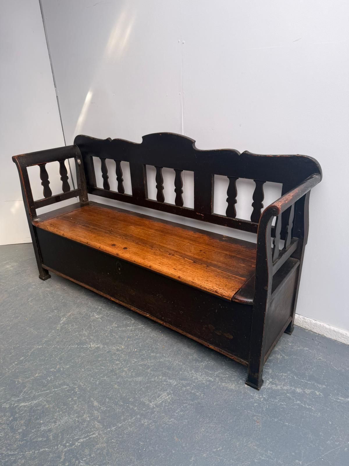 A Georgian Original Hungarian Painted Black Pine 3 Seater Bench