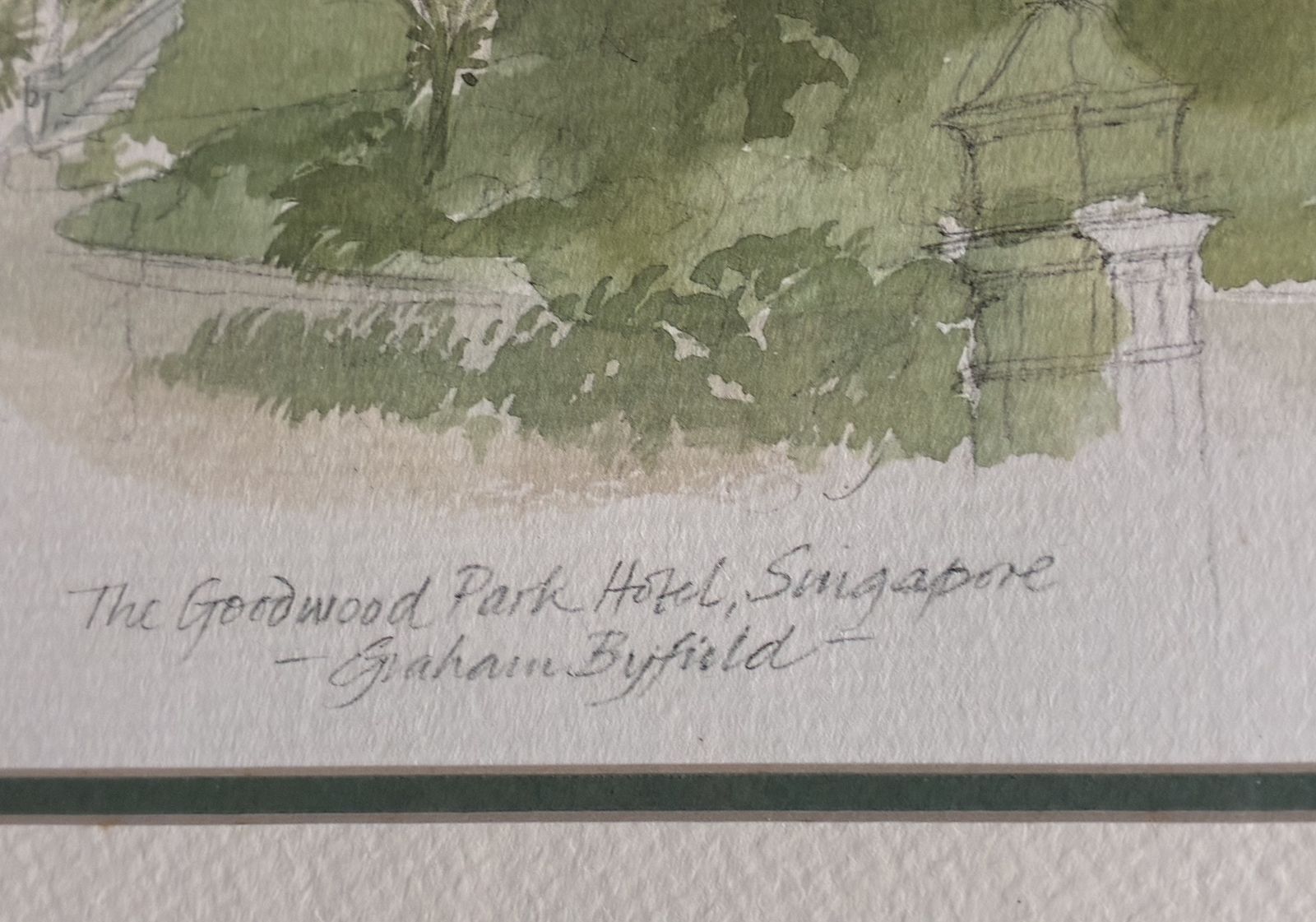 Signed Graham Byfield Architectural Lithograph, Goodwood Park Hotel Singapore photo furniture