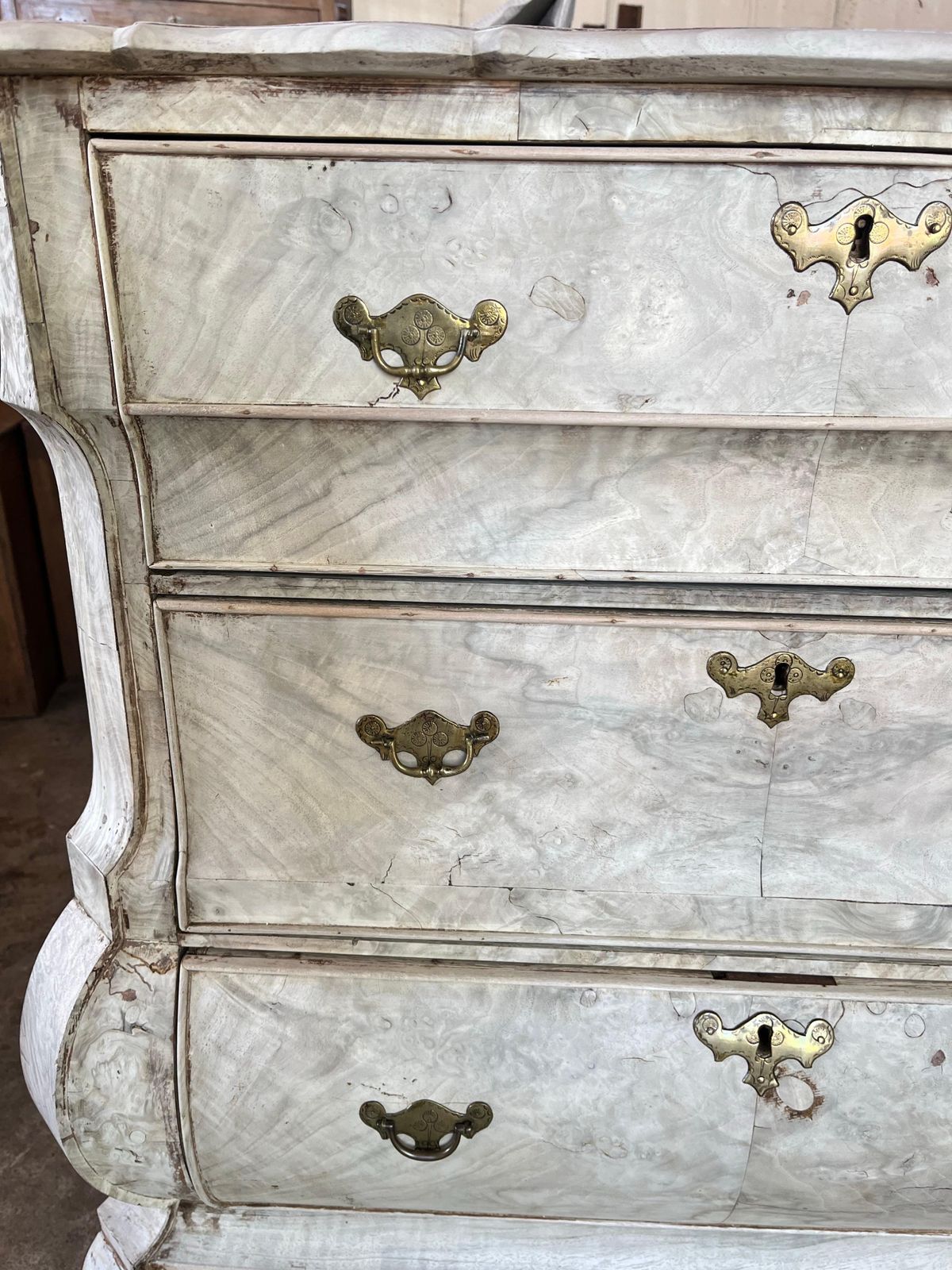 Furniture Bleached Dutch Oak Bombay Chest Of Drawers With Walnut Burl Veneer, 1820s photo