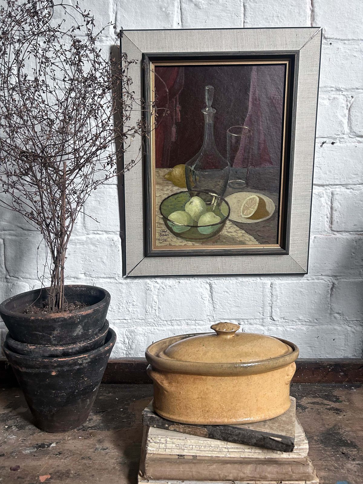 Swedish Mid Century Still Life With Fruit Oil Painting On Board Signed And Dated