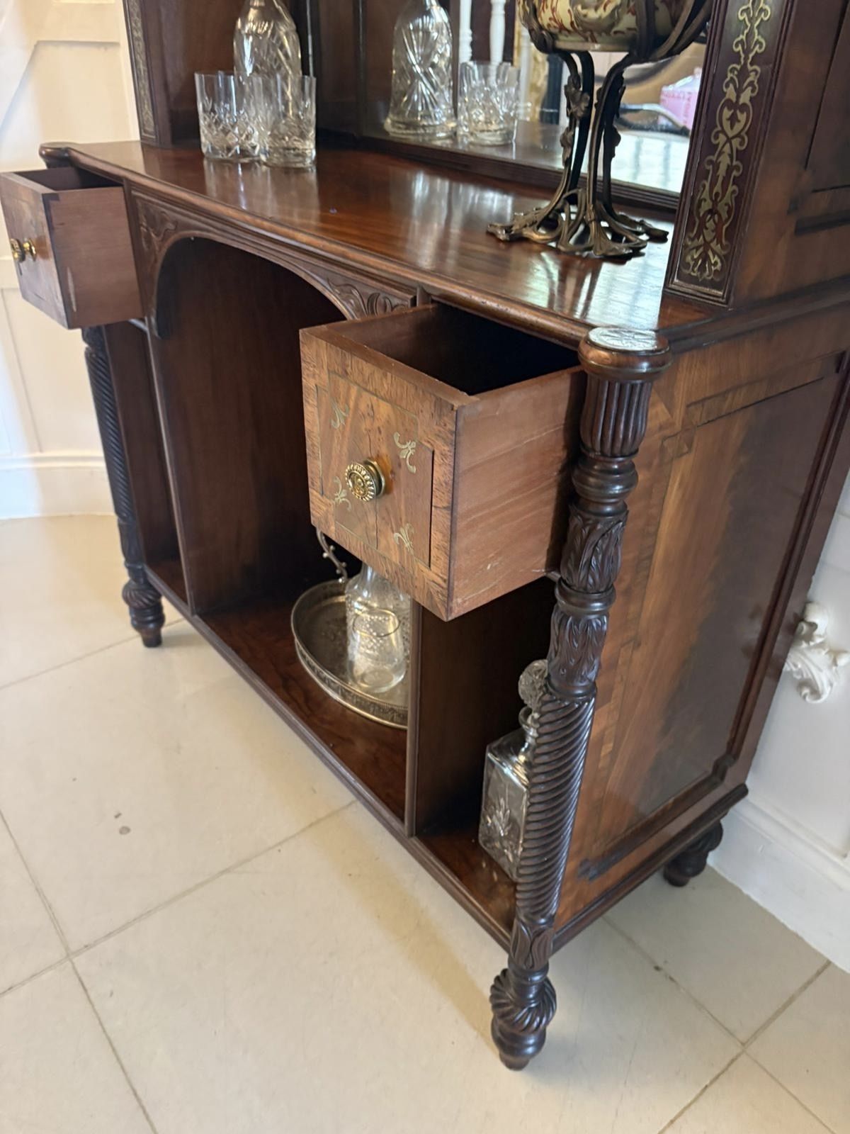 Furniture Antique 19th Century Rosewood Brass Inlaid Open Bookcase photo
