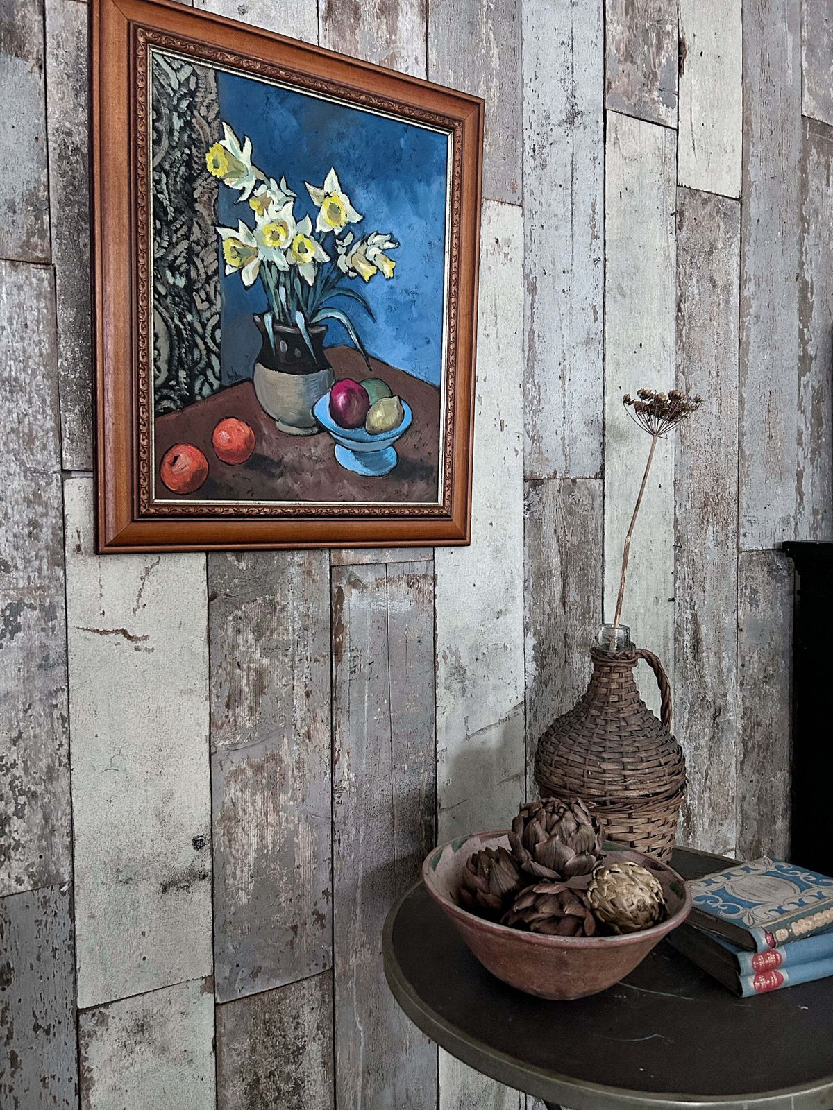 Vintage Still Life With Daffodils In Jug Oil Painting On Board photo for sale
