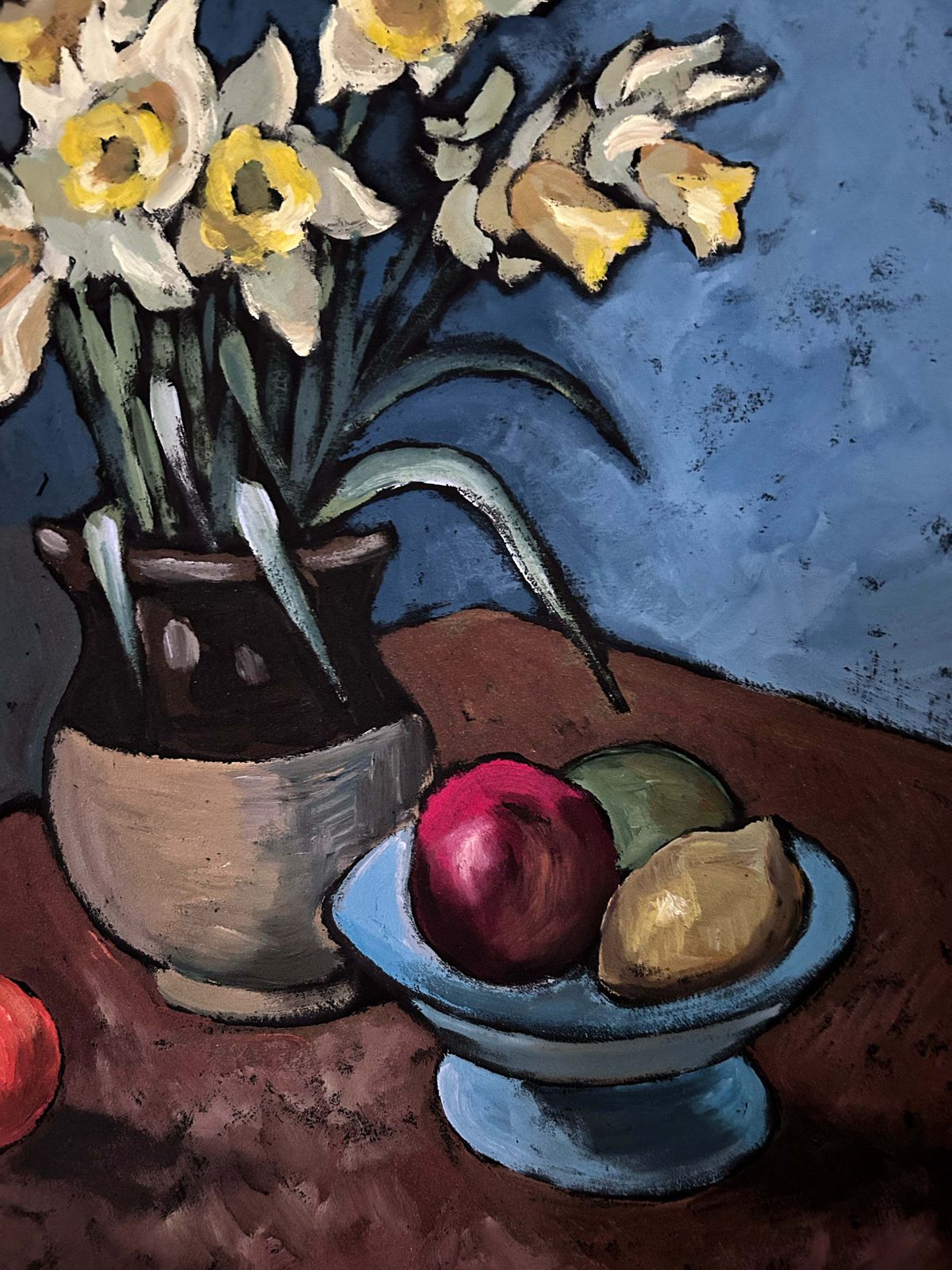 Vintage Still Life With Daffodils In Jug Oil Painting On Board photo Art