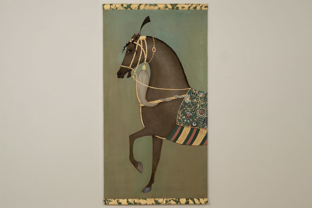 Painted Canvas Depicting A Brown Indian Horse In Profile. Contemporary. photo furniture