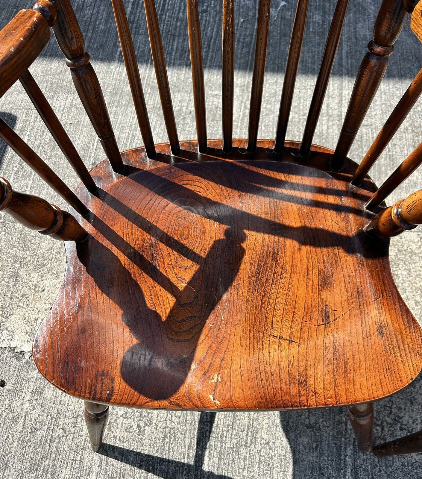 photo for sale Vintage Pair Of Oak & Elm Comb Back Windsor Chairs Crinoline Stretcher Armchairs