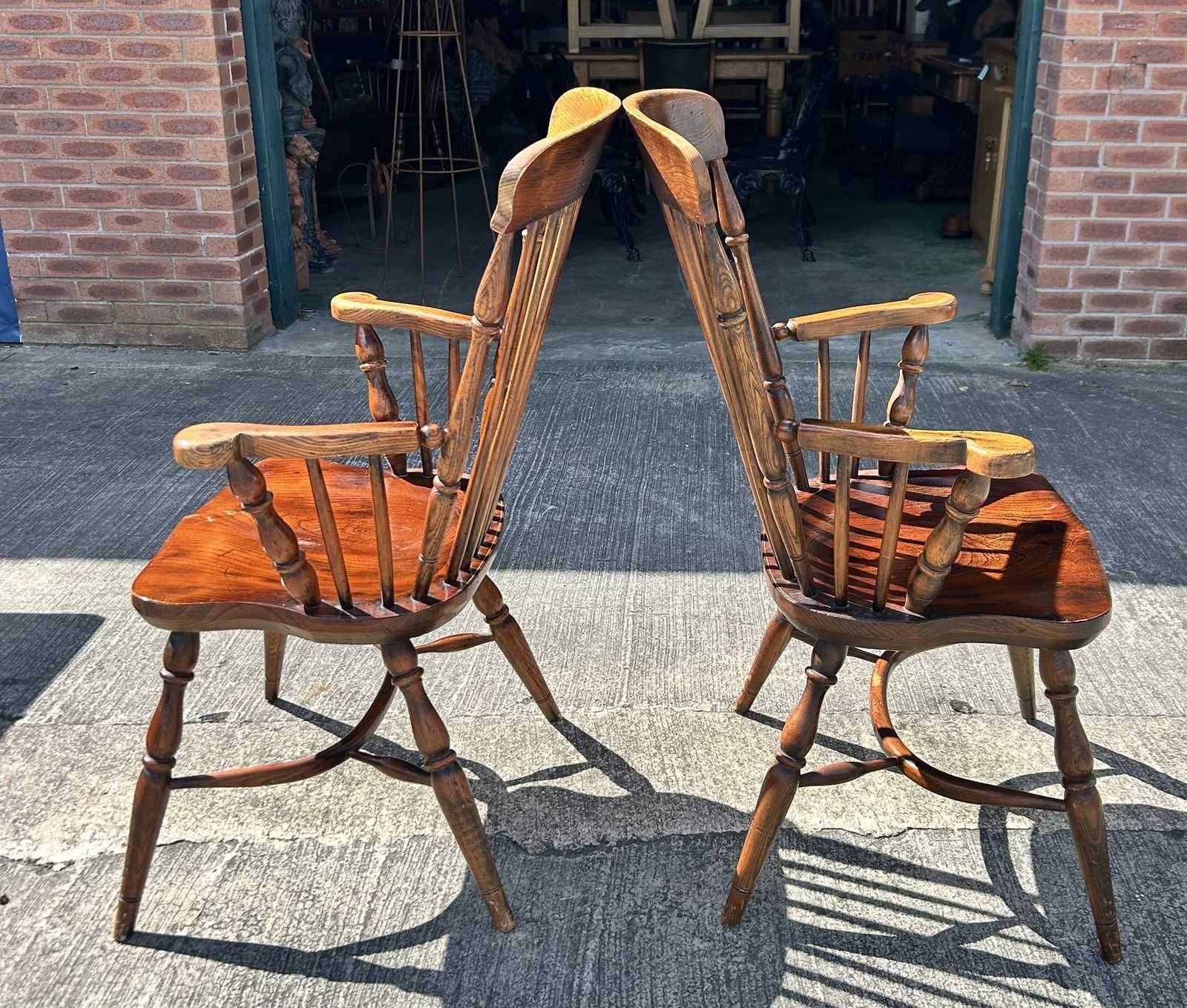 photo buy Vintage Pair Of Oak & Elm Comb Back Windsor Chairs Crinoline Stretcher Armchairs