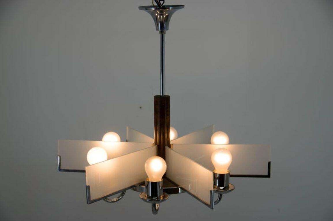 Six Arm Art Deco Chandelier In Chrome And Sandblasted Glass, 1940s photo vinterior