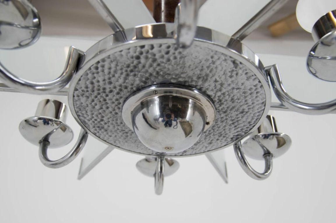 Six Arm Art Deco Chandelier In Chrome And Sandblasted Glass, 1940s photo vintage