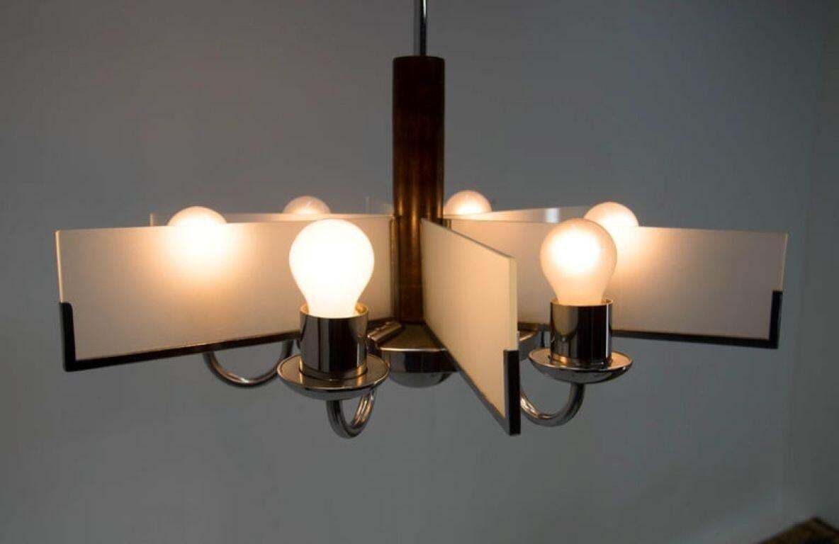 photo for sale Six Arm Art Deco Chandelier In Chrome And Sandblasted Glass, 1940s