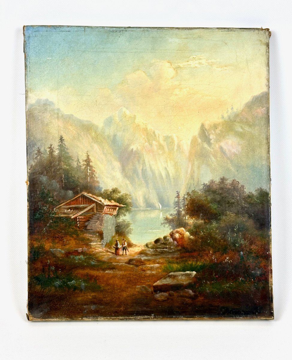 German School Artist, Mountain Landscape, Oil On Canvas, 19th Century