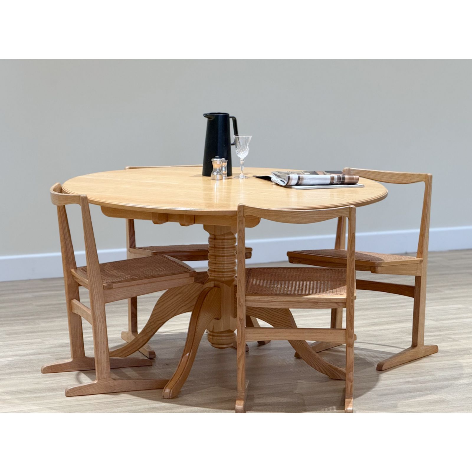 Mid Century Elm Circular Dining Table & 4 Rattan Chairs – Original 1960s Set