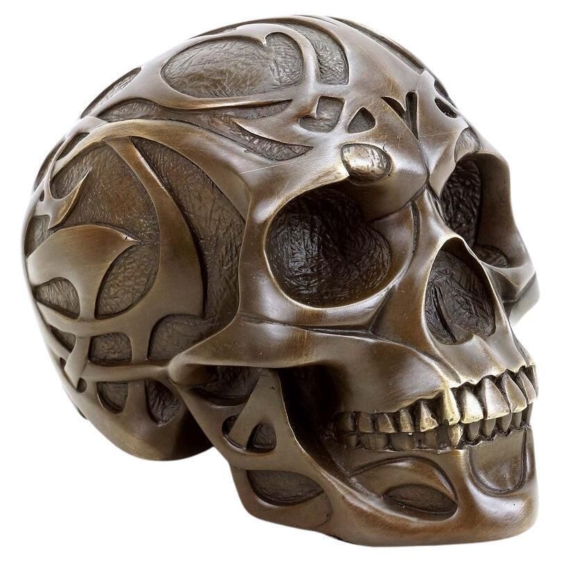 Art Deco Brown Patinated Bronze Tribal Skull Sculpture photo vinterior