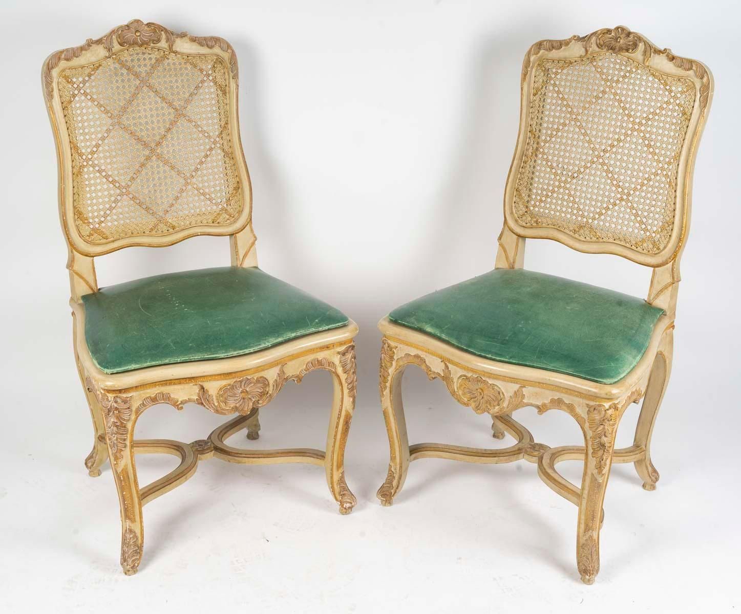 Set Of 6 Carved And Lacquered Wooden Chairs In The Louis XV Style, 20th Century.
