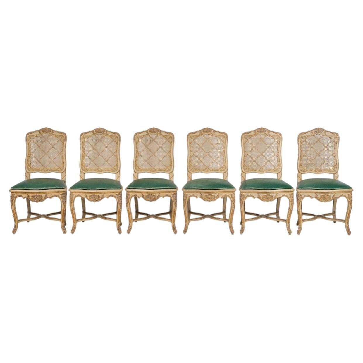Set Of 6 Carved And Lacquered Wooden Chairs In The Louis XV Style, 20th Century. photo vinterior