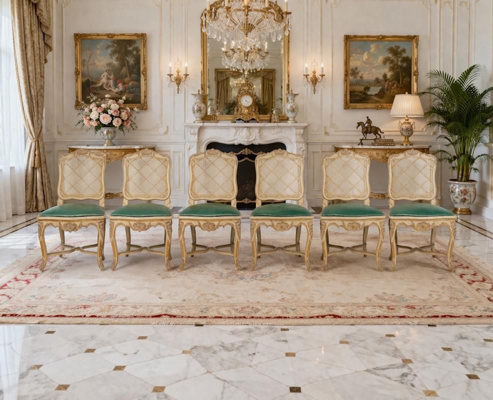 Set Of 6 Carved And Lacquered Wooden Chairs In The Louis XV Style, 20th Century. photo buy