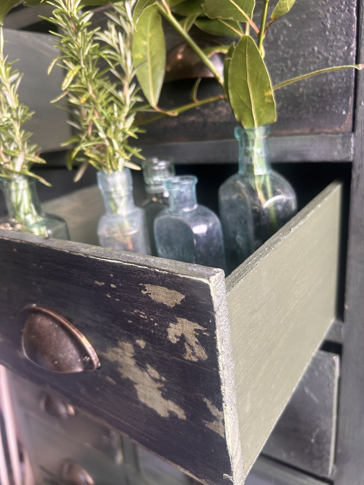 Forest Fire Cabinet | Tall Apothecary Drawers In Layered Green Finish photo for sale