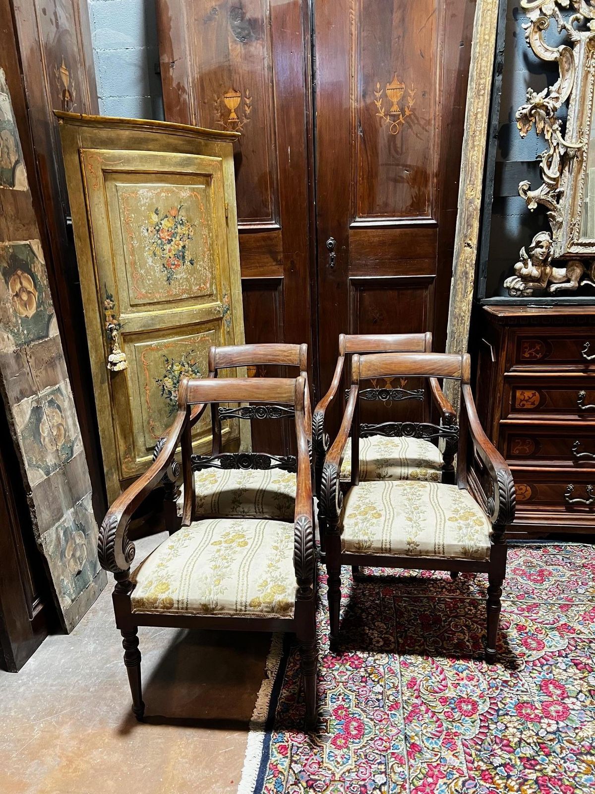 Four Carved Walnut Armchairs With Arms, Italy photo for sale