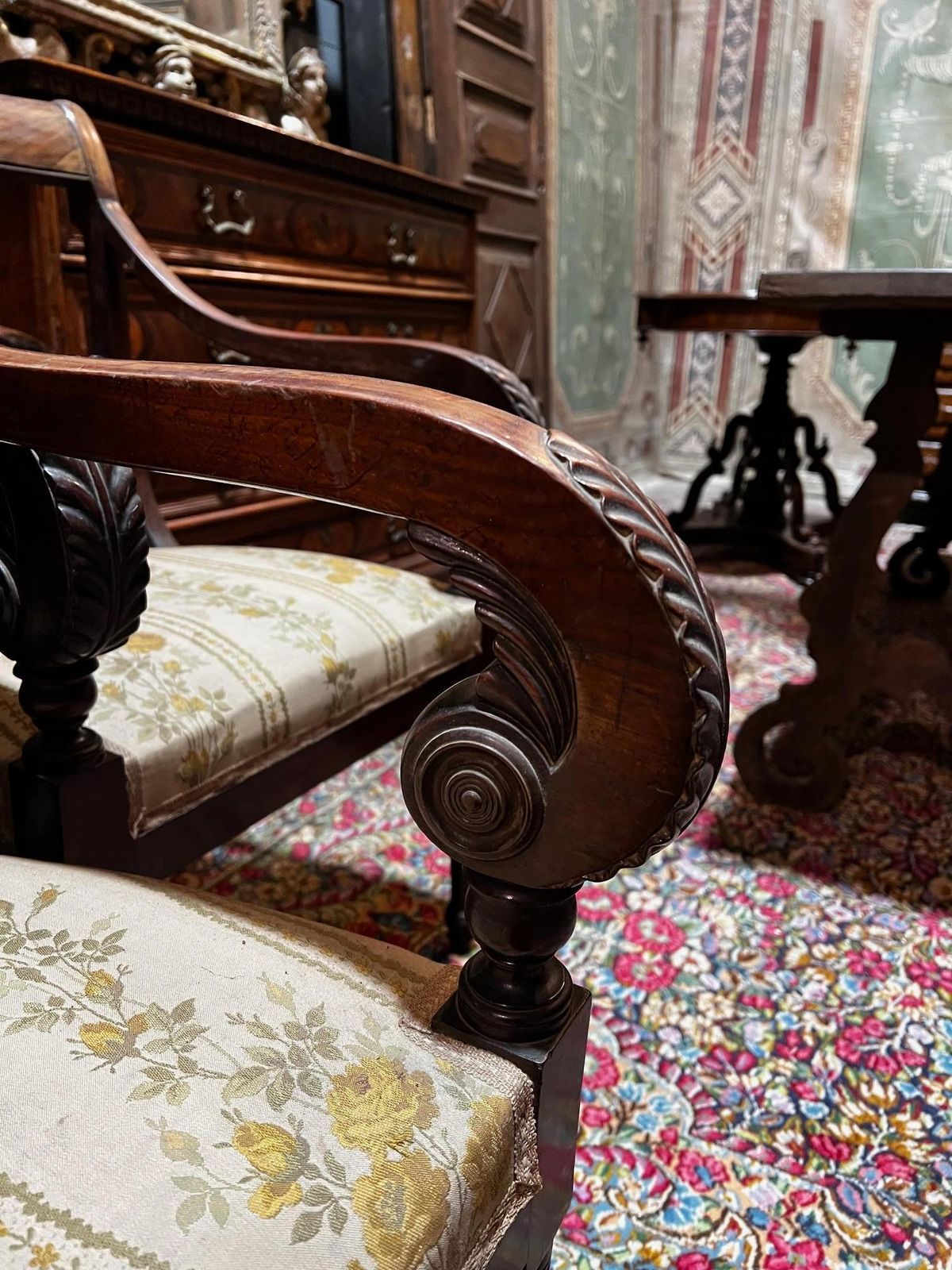 Four Carved Walnut Armchairs With Arms, Italy photo vintage